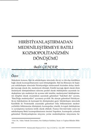 Cover of Bedri Gencer - Hıristiyanlastirmadan Medenilestirmeye Batılı Kozmopolitanizmin Donusumu.pdf